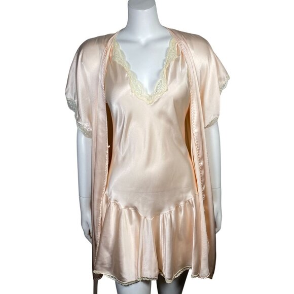 Vintage Lindsey Blake Short Satin Robe Nightgown Set Size M Lace Trim Pale Pink - Picture 2 of 14